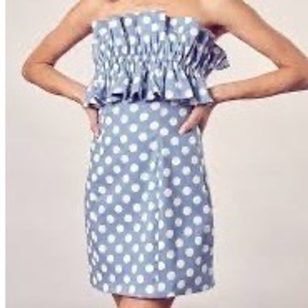 DO+BE Blue Polka Dot Strapless Ruffle Mini Dress with Back Tie Cutout Small